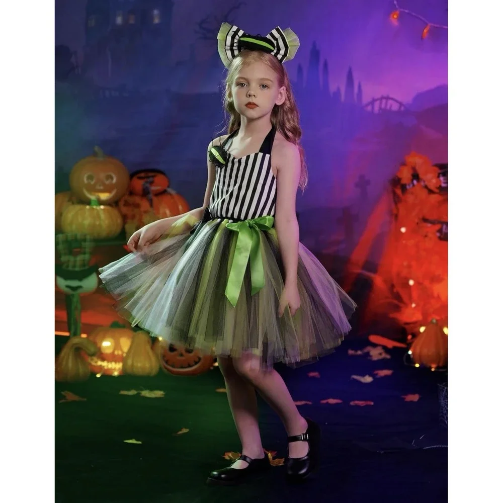 Girls Beetlejuice Inspired Halloween Costume Tutu Dress & Headband Set Green 5-6